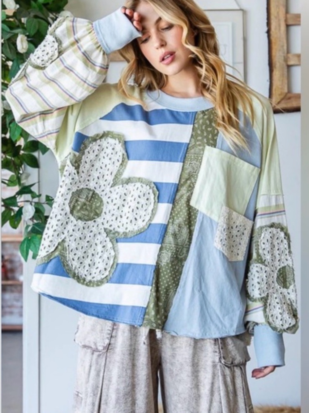 Oli & Hali Oversized Boho Daisy Patched Mixed Fabric Top in Light Blue